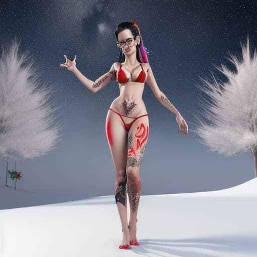  full-body 3D render of a Thai woman standing in a snow covearea, smile, black triplettails, breasts, lipstick, (white+red bra and G-String:1.3), sky, optic glasses, tree, (colorful tattoos:1.35), starry sky, Christmas, sexy pose