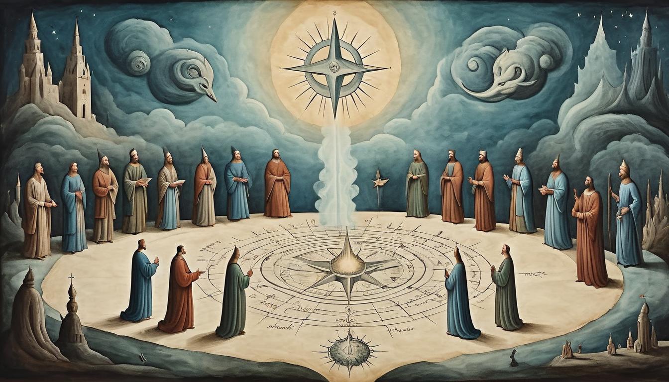  on parchment, surrealism+++, meditative gathering, figures radiating power, sense of shared purpose, harmonious, spiritual strength(mysterious, provocative, symbolic,muted color)+++