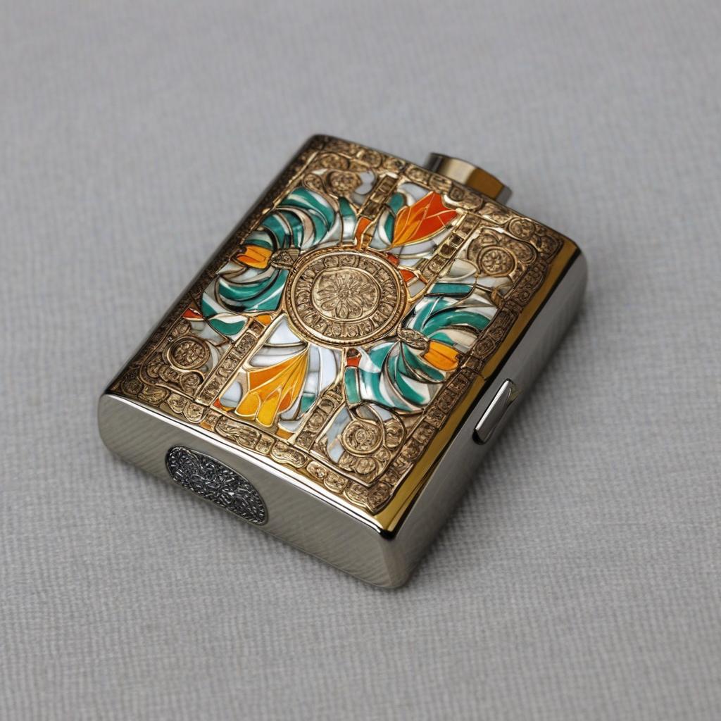  masterpiece, best quality,Draw a Zippo kerosene lighter shell decorated with figures, patterns using mother-of-pearl craft, put the lighter on the table