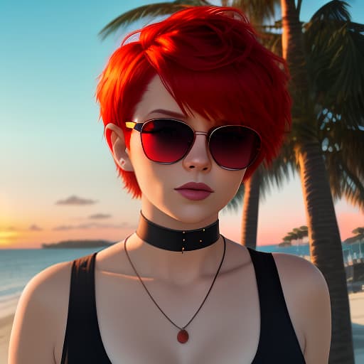  a woman with bright red hair, a short pixie haircut in sunglasses, a top top t shirt, with a choker around her neck, stands against a neon sunset. coast of the sea, shade of palm trees. digital photo. high detail. high realism.