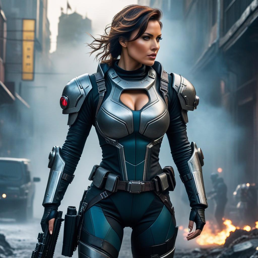  a cinematically intense scene showcasing a sultry, powerful woman wielding dual blasters against an ominous alien invasion backdrop. her curvaceous body, adorned in skintight, tattered combat attire, is highlighted by the encompassing chaos. shot with a sony alpha 1 and a 70 200mm f/2.8 lens to crystallize the fast paced action. hyperrealistic, full body, detailed clothing, highly detailed, cinematic lighting, stunningly beautiful, intricate, sharp focus, f/1. 8, 85mm, (centered image composition), (professionally color graded), ((bright soft diffused light)), volumetric fog, trending on instagram, trending on tumblr, HDR 4K, 8K