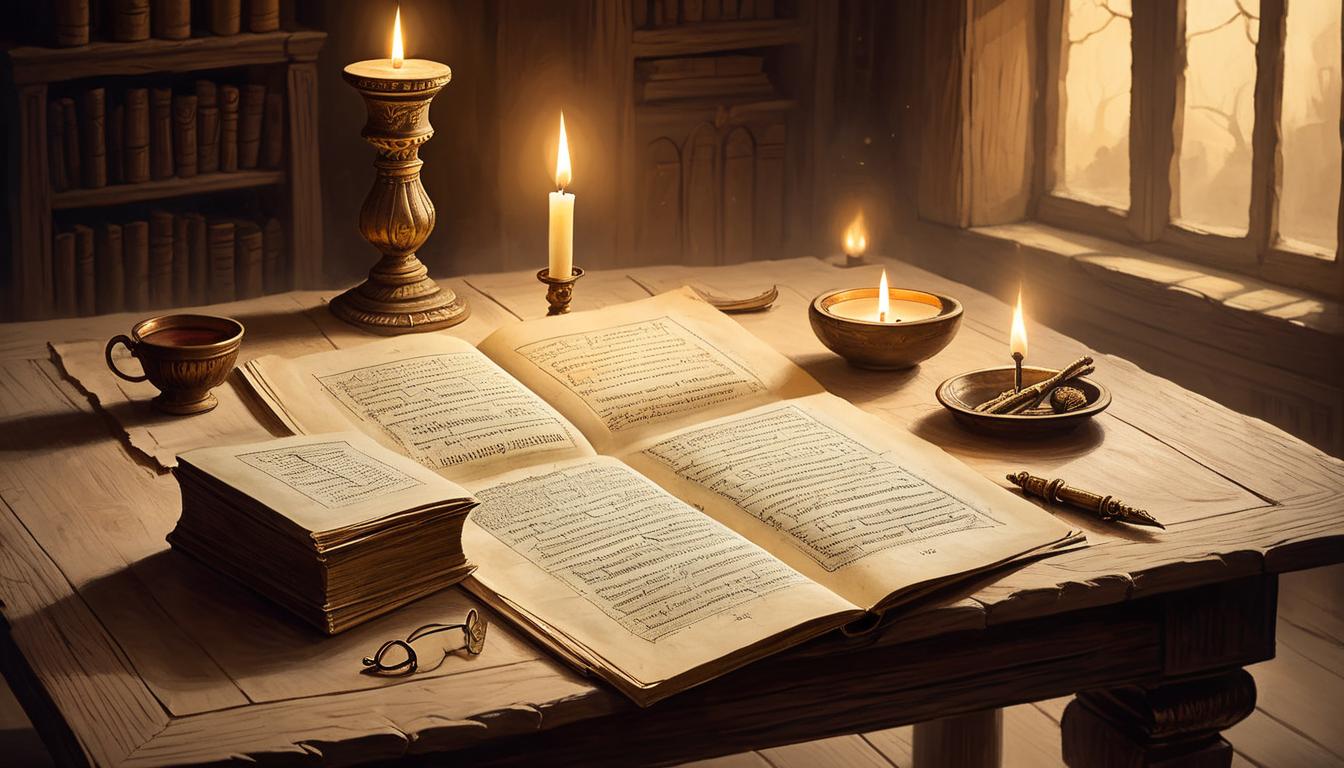  on parchment, surrealism+++, quiet, candle lit study, opened sacred text on a wooden table, light casting gentle shadows, soft whisper of pages, atmosphere of serene devotion, spiritual immersion(mysterious, provocative, symbolic,muted color)+++