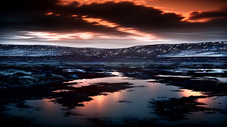  cinematic shot of somber pilgrim, desolate arctic tundra, angle, duotone, rustic amber and midnight blue tones