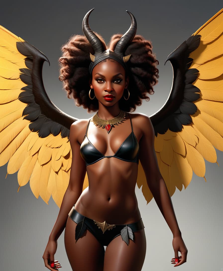  hyperrealistic art crisp shadows and highlights, realistic, saturated, elevated contrast, (the whole body is an attractive black african girl succubus in full growth) with small wings, black, extremely high resolution details, photographic realism, brought to the limit, thin texture, incredibly realistic . extremely high resolution details, photographic, realism pushed to extreme, fine texture, incredibly lifelike