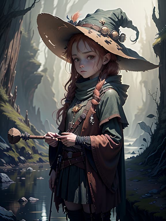  master piece, best quality, ultra detailed, highres, 4k.8k, red haired, 20s, female., exploring, admiring the view, feeling the wind., serene and curious., break a young witch wandering in the wilderness., a desolate wilderness., her witch's hat and a mystical looking staff., break mysterious and serene., soft lighting and a hint of magical aura around the character., creature00d