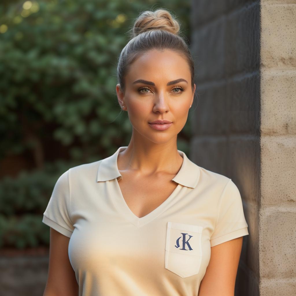  (((realistic full torso frontal head shot of a light beige to medium tan skin tone woman))), kerstin jane bauer, ((caucasian heritage)), immature face, blue eye color, ((bun hair style)), (( hair color)), ((curvy body type)), small size, size, (immature straight slender nose), (immature angular jawline), (immature medium lips), (immature prominent forehead), (immature perfect symmetry), (immature thin eyebrows), (immature pointed chin), standing straight looking directly into the camera,((wearing fitted polo shirt with deep v neck and monogrammed pocket)), backyard in background, 1, best quality, highest quality, award winning photo, masterpiece, raw, professional photography, photorealism, sharp focus, ci hyperrealistic, full body, detailed clothing, highly detailed, cinematic lighting, stunningly beautiful, intricate, sharp focus, f/1. 8, 85mm, (centered image composition), (professionally color graded), ((bright soft diffused light)), volumetric fog, trending on instagram, trending on tumblr, HDR 4K, 8K