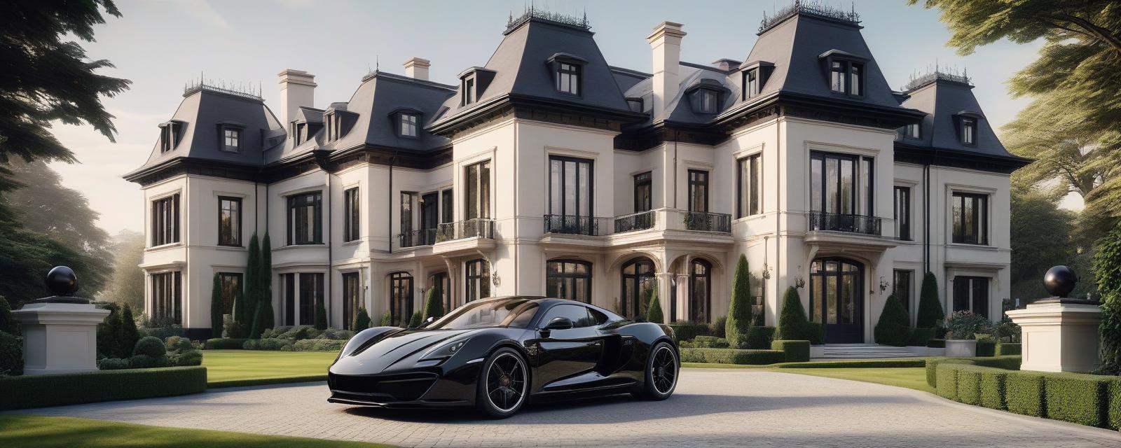  classic luxury mansion, large black metal framed windows, beautiful front garden, luxury sport car, elegant and timeless architecture, highly detailed, very sharp and realistic, текст luxury