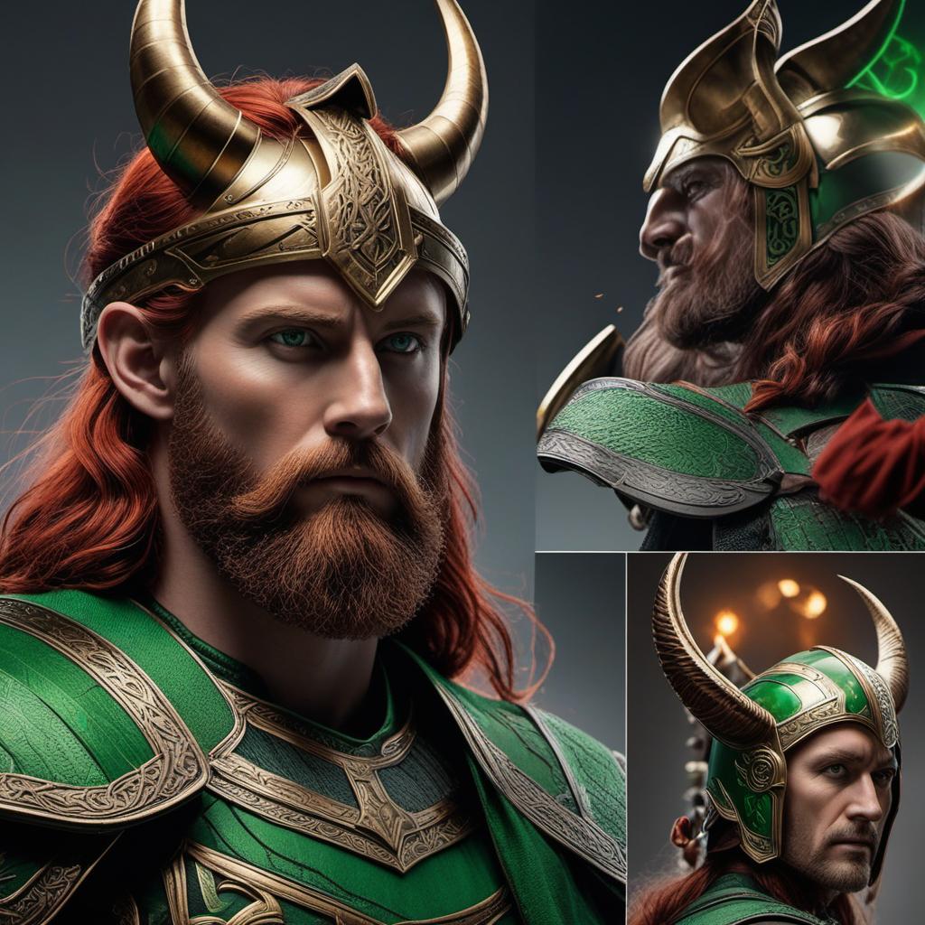  create a realism like image of a slender viking with red hair green glowing eyes green armour and the famous helmet of loki , profile image style