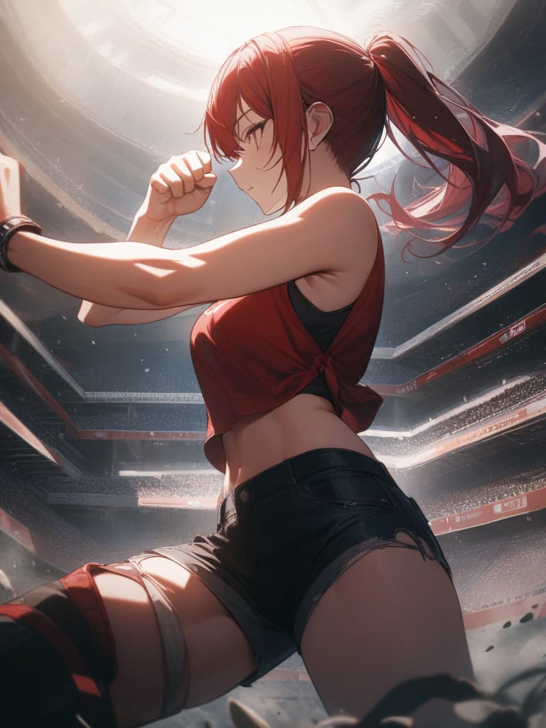  red hair, ponytail, tank top, shorts, upper cut, boxing, brave, seeing the side, raising your arms, raising your fist in heaven, masterpiece, best quality,8k,ultra detailed,high resolution,an extremely delicate and beautiful,hyper detail