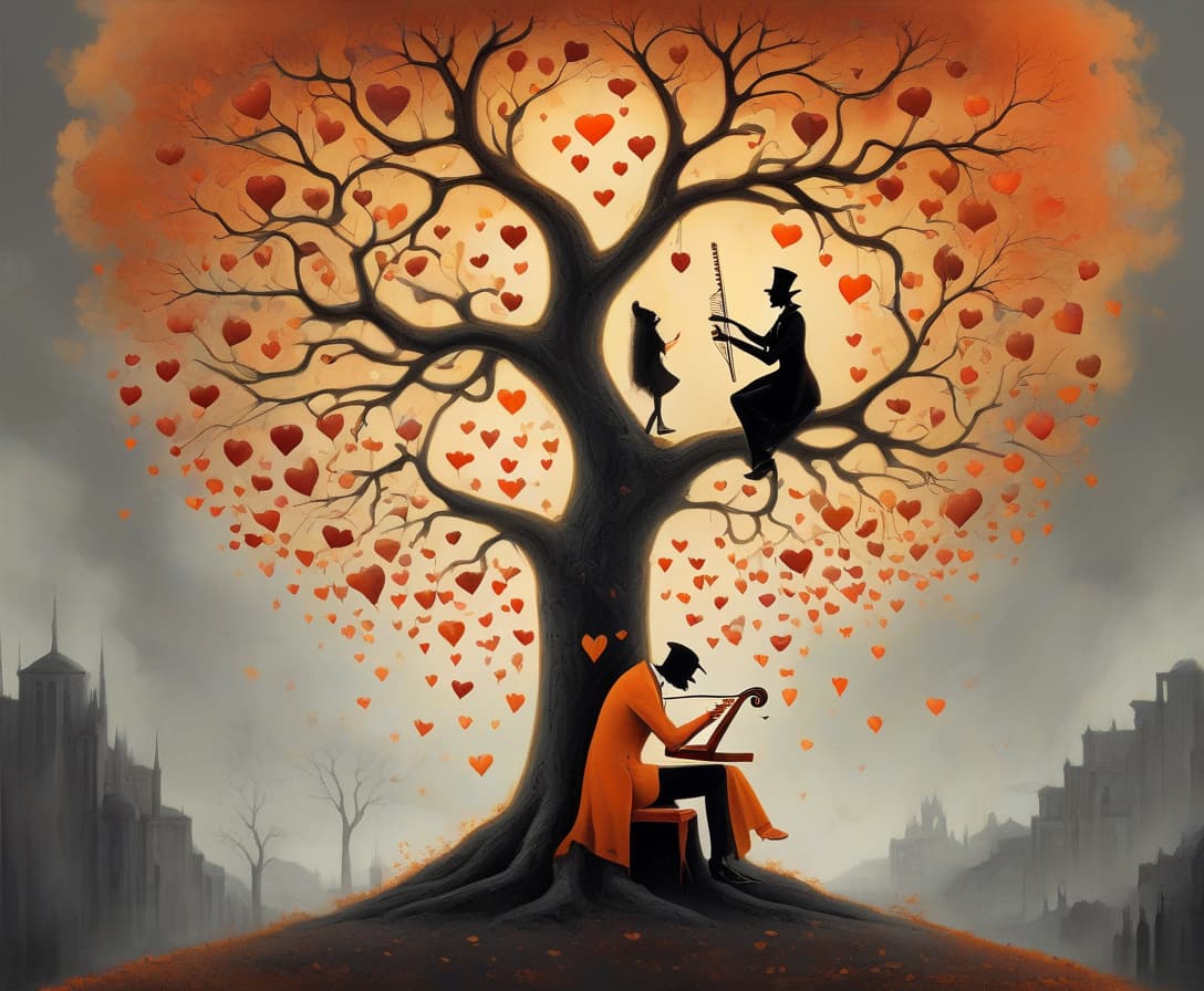  art deco style ink painting, by alexander jansson, charcoal, liner, silhouette of tree of hearts depicted on the hill against the gray::orange hue sky. tree covered with leaves in the shape of small glowing hearts. a jester's elegant figure plays a musical instrument. she is sitting/standing leaning against the tree. color palette autumn, romantic, beautiful, bright, cinematic color, unusual angle, complex detail, best composition, artistic, innovative use of light and shadow, modern. . geometric shapes, bold colors, luxurious, elegant, decorative, symmetrical, ornate, detailed