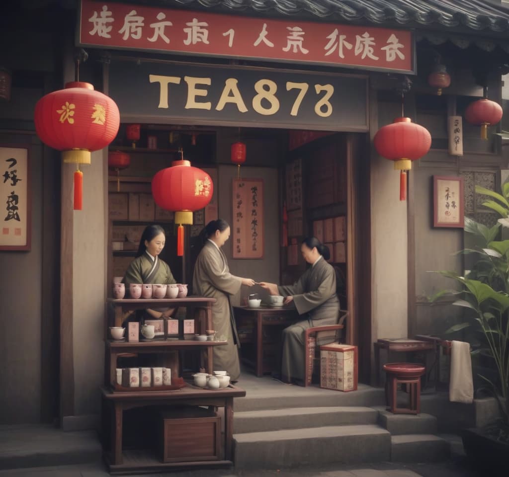  chinese town, tea store, tea ceremony, sign text “tea875”, epic foto, 4k