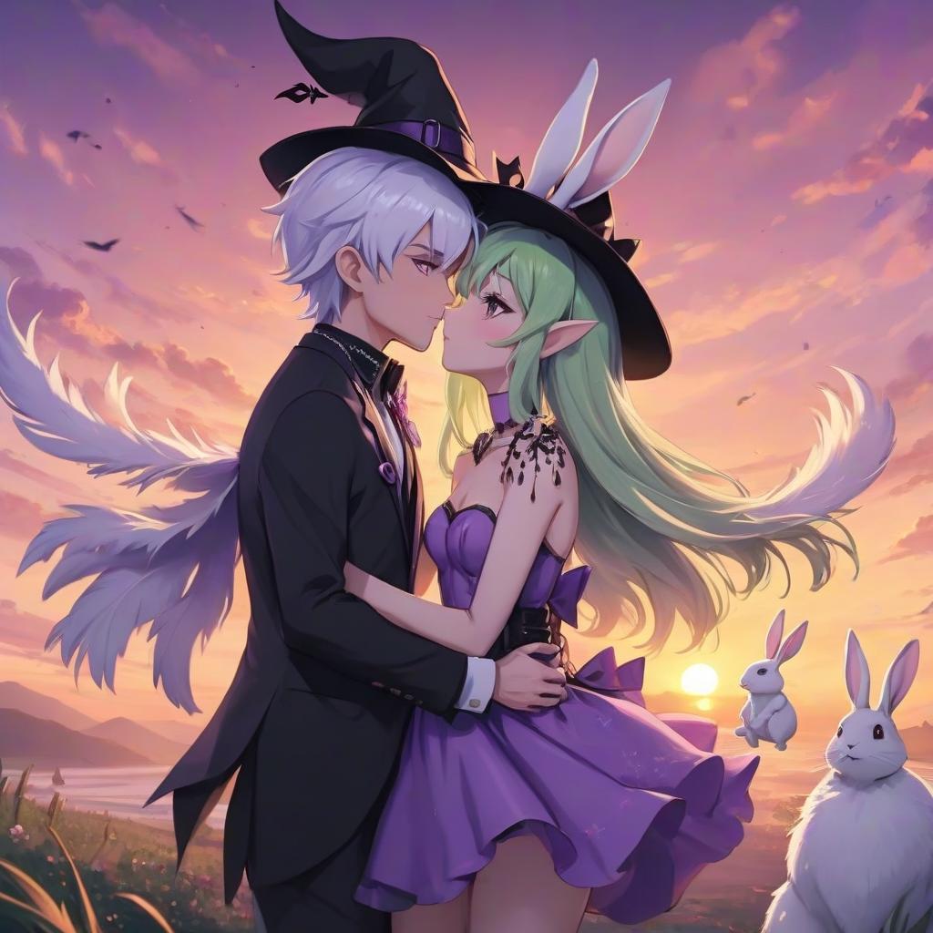  4k anime, girl witch and man elf, purple dress, black hat, light green suit, rabbits and jewelry made of white feathers, sunset, romance, kiss, anime fiction 4k