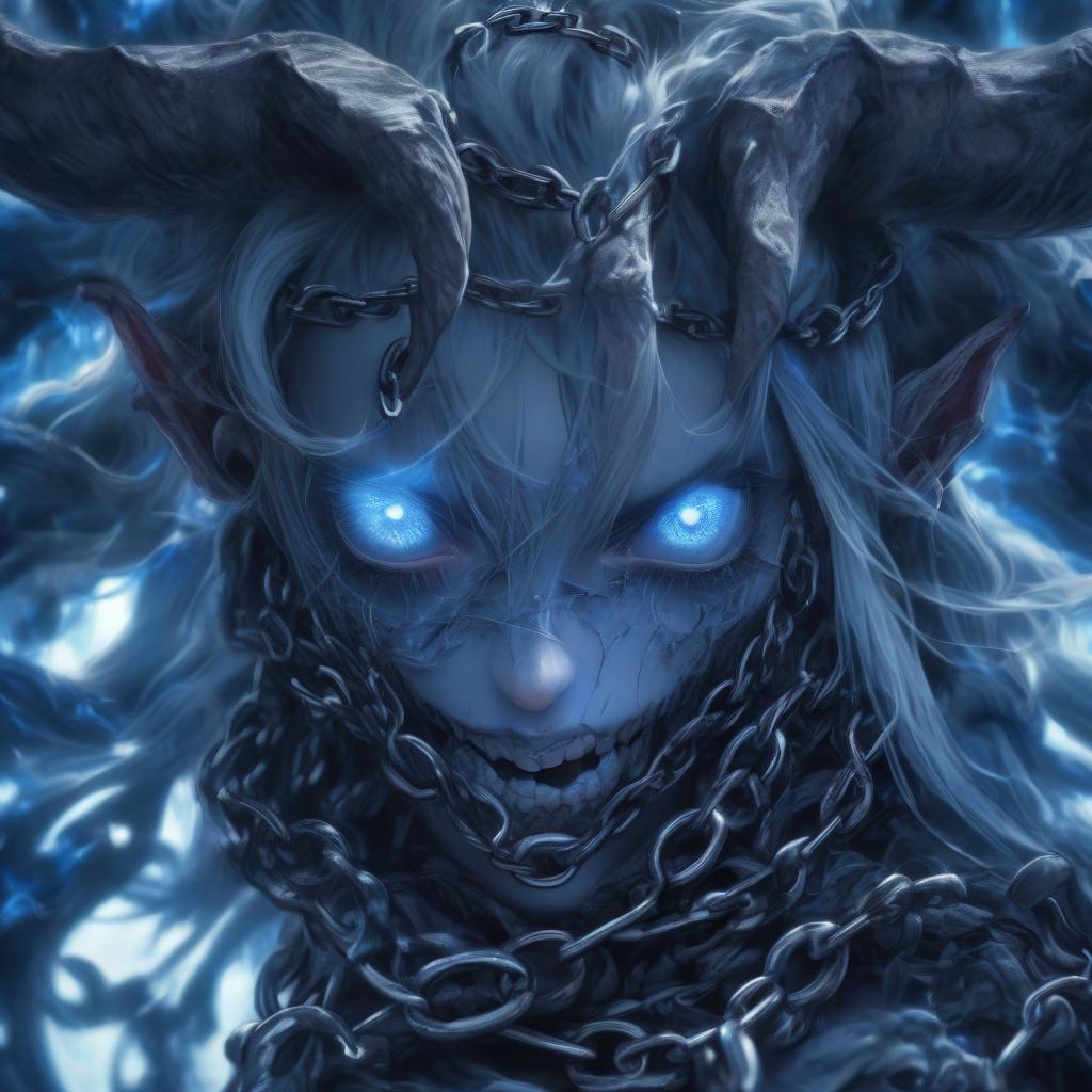  hyperrealistic art a with blue eyes and a chain around her neck, anime nature wallpap, demon white horns, spiritual eerie creepy picture, there is a glow coming from her, discord profile picture, benevolent android necromancer, f 2, dormant in , #, defence, pfp, beautiful blue glowing eyes . extremely high resolution details, photographic, realism pushed to extreme, fine texture, incredibly lifelike