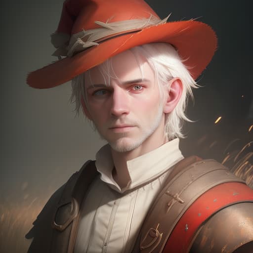  portrait of a young male white haired inquisitor in a red hat with fields. facial degeneration is gloomy, thoughtful, (extremely detailed oil painting:1.2), glow effects, godrays, hand drawn, render, 8k, octane render, cinema 4d, blender, dark, atmospheric 4k ultra detailed, cinematic sensual, sharp focus, humorous illustration, big depth of field, masterpiece, colors, 3d octane render, 4k, concept art, trending on artstation, hyperrealistic, vivid colors, extremely detailed cg unity 8k wallpaper, trending on artstation, trending on cgsociety, intricate, high detail, dramatic