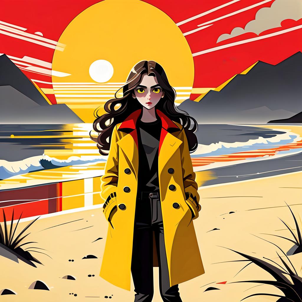  constructivist style the girl is standing on the beach. she has long dark brown hair, which gently falls on her shoulders, and his face, with jewish and slavic features, exudes calmness with brown eyes. she is dressed in a bright yellow coat that immediately attracts attention and contrasts with the surrounding landscape. under the coat is a black shirt, and black pants are additionally decorated with yellow elements, creating a harmonious and stylish image. the sun sets over the horizon, shrouding everything around in red shades, and bright red stripes lie on the surroundings contrasting with the darkness and creating a magical atmosphere. . geometric shapes, bold colors, dynamic composition, propaganda art style