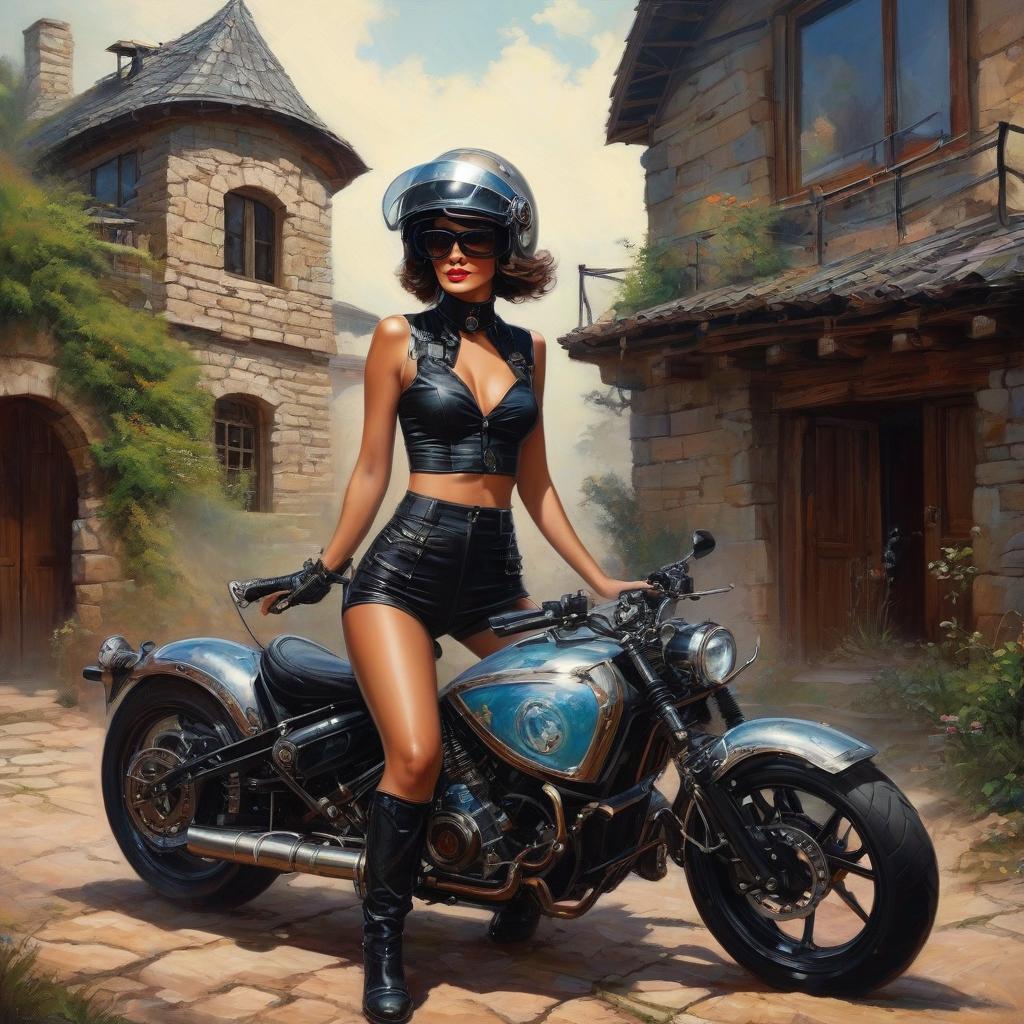  girl, witch, wearing helmet, goggles, on motorcycle, next to stone modern stylish house in modern style , steampunk, pin up, surrealism oil painting,ink v3,g,abstract art,abstract technique,3d,metal effect,mixpunk,cyberpunk,cybertech elements,futurism,illustrated v3,deco influence,air brush style,drawing,niji art,