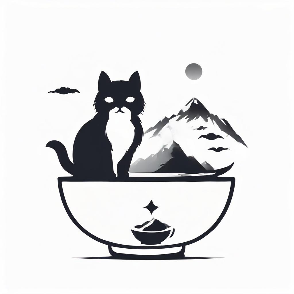  silhouette style draw the logo of a chinese tea house with a picture of a bowl for tea, cat, sea and mountains . high contrast, minimalistic, black and white, stark, dramatic, logo