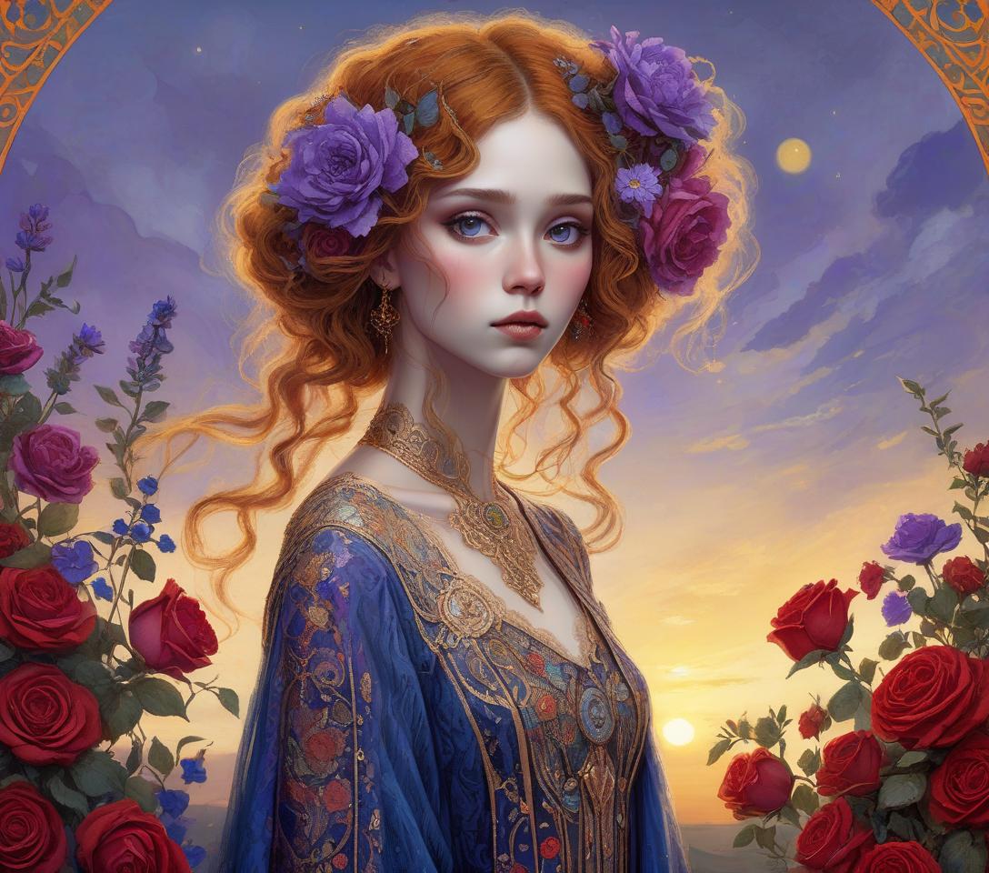  concept art a close up full body portrait of an stylish beautiful woman dressed in klimt style with a beautiful and very detailed face,style of jean baptiste monge, van gogh style, so many kind of flowers ,roses, klimt style. sunset. background, masterpiece, use shades of purple , blue, red and green best quality, super detailed, high resolution, very detailed, 8k uhd, realistic, (natural light), amazing, fine details, best, high quality, raw photo. arte nova. ember filigree and lace. . digital artwork, illustrative, painterly, matte painting, highly detailed