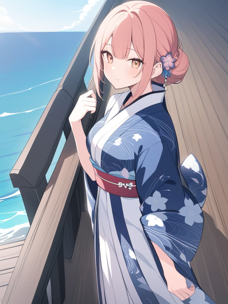  anime girl in kimono outfit standing on a pier overlooking the ocean,in kimono,in a kimono,inspired by nishikawa sukenobu,wearing a kimono,cute anime waifu in a nice dress,wearing kimono,wearing a haori,classic kimono,japanese kimono,yukata clothing,classy yukata clothing,artwork in the style of guweiz,kimono