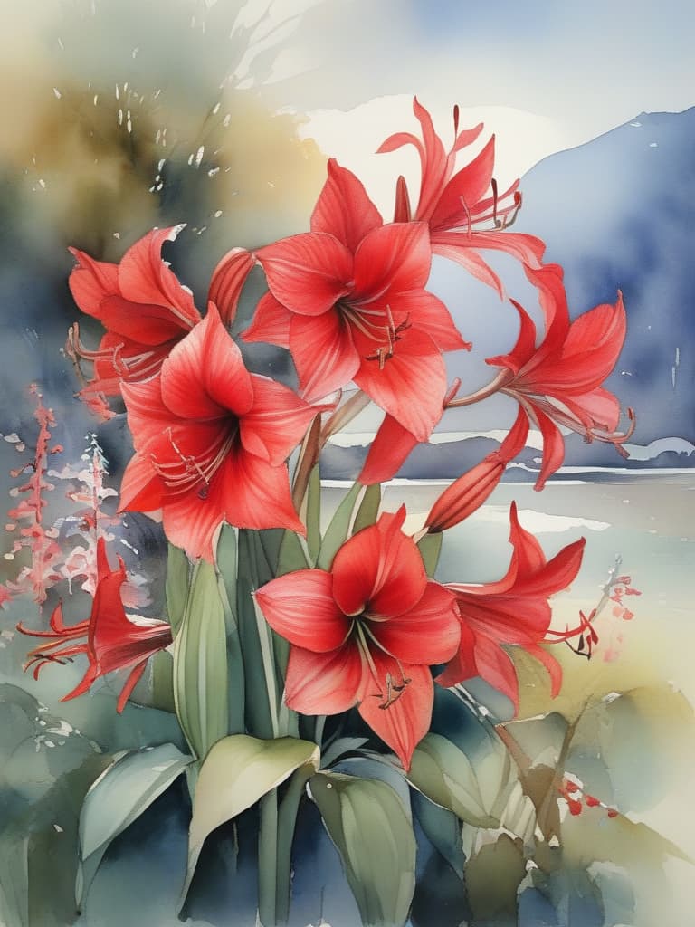  watercolor landscape painting,red pastel,japanese red cluster amaryllis,masterpiece,high quality,16k,super analysis