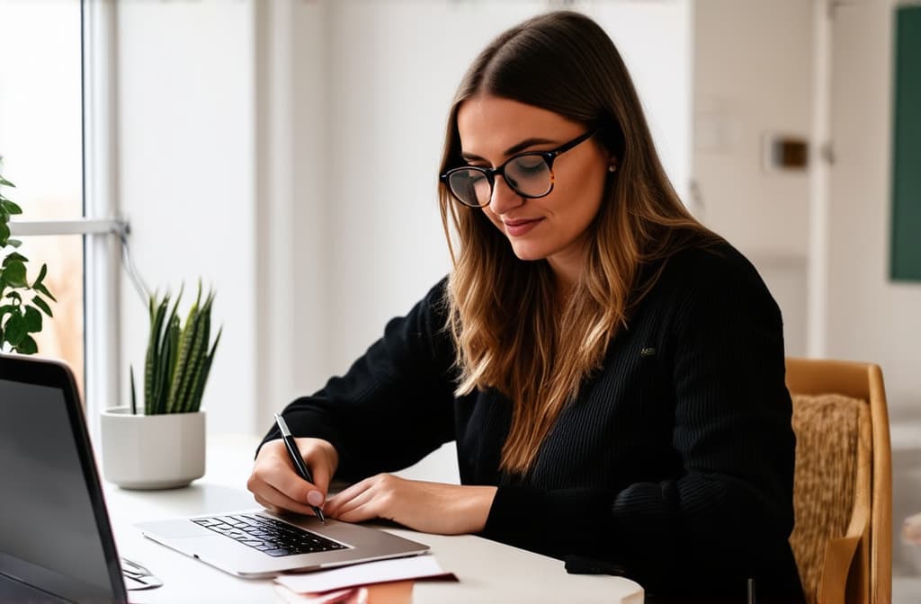  professional detailed photography, girl with glasses works at a table in a bright room, good lighting ar 3:2, (muted colors, dim colors, soothing tones), (vsco:0.3)