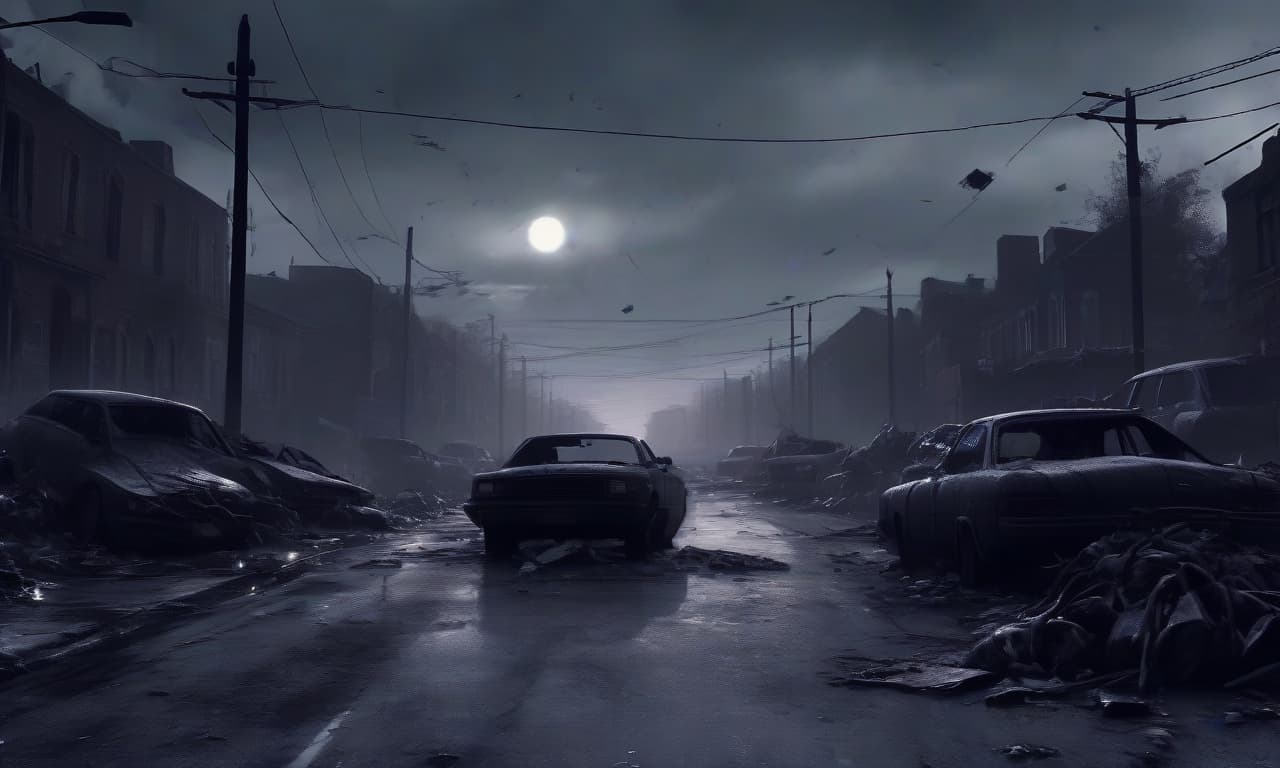  image view: cover for youtube object: a street with abandoned cars and zombies description of appearance: the background depicts an empty street littered with garbage and abandoned cars. in the foreground are details such as broken glass and tire tracks. additional elements: zombie silhouettes are visible in the distance, creating an atmosphere of threat. place: post apocalyptic cityscape. effect: use the blur effect to create a sense of movement. light flashes of light slip through the clouds to add drama. style: dark and dark at the same time, with an emphasis on the atmosphere of survival horror. the color palette is cold and dull shades.