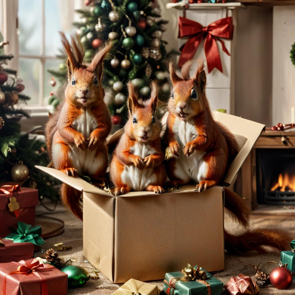  two cute red squirrels sitting in an open christmas present box, surrounded by christmas decorations and a fireplace with a tree behind them, realistic airbrushed digital art in the style of [artist name ar 1:1, oil painting, civitai