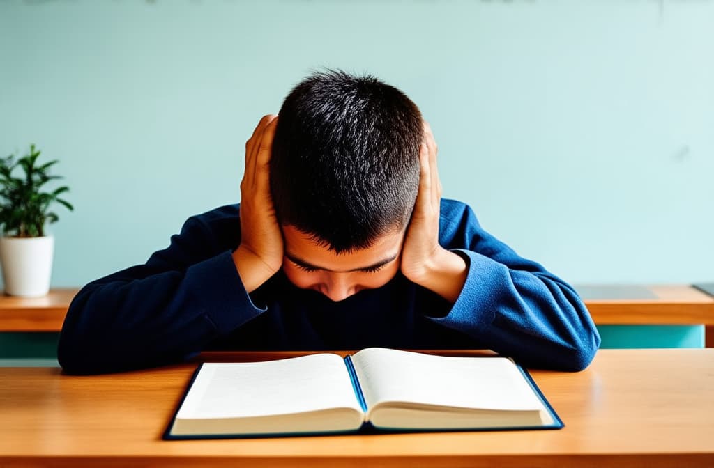  professional detailed photography, a primary school child sits at a table in front of a notebook and holds his head, tired of studying ar 3:2, (muted colors, dim colors, soothing tones), (vsco:0.3)