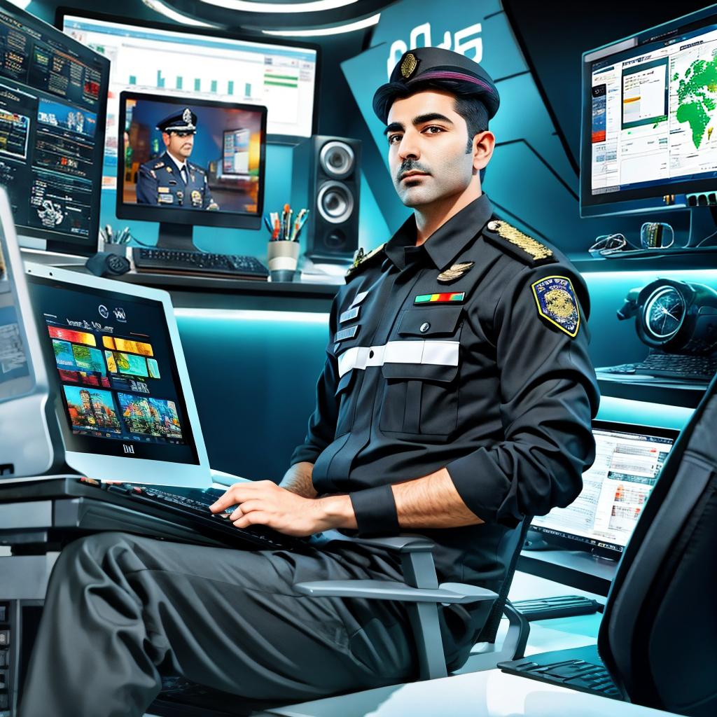  an iranian police officer sitting behind a computer desk front view with cyber background, award winning, professional, highly detailed, masterpiece