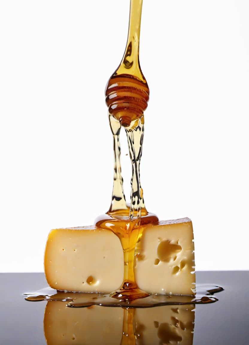  food photography style the cheese is poured with honey beautiful reflection . appetizing, professional, culinary, high resolution, commercial, highly detailed, film photography style