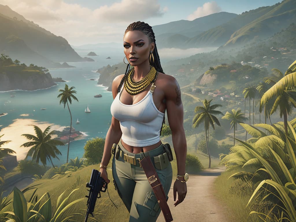  jamaican countryside, grand theft auto, by the bay, ((mystical)) hyperrealistic, full body, detailed clothing, highly detailed, cinematic lighting, stunningly beautiful, intricate, sharp focus, f/1. 8, 85mm, (centered image composition), (professionally color graded), ((bright soft diffused light)), volumetric fog, trending on instagram, trending on tumblr, HDR 4K, 8K