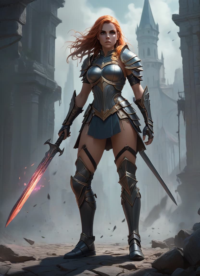  concept art draw a girl warrior in full growth with . digital artwork, illustrative, painterly, matte painting, highly detailed, hkmagic