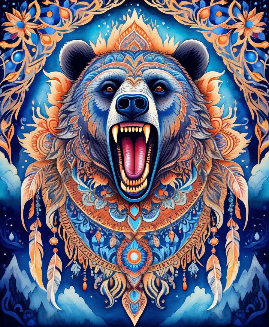  watercolor painting masterpiece, hdr 8k, digital image. conceptual art. (a bear with a bared mouth full of sharp fangs, appearing in ancient russian ethnic ornaments that make up a symmetrical mandala consisting of an endless forest, a wide flowing river and majestic mountains, the mandala is decorated with a fantastic ice pattern). abstract elements: crystals, beads, feathers. the effect of dissolving the natural shades of fur in sky waves. filigree finishes, mysterious neon glowing accents, intricate. stylization. neo rococo style. stylish, dynamic, atmospheric. background dissolving abstract patterns in the space:: vignetting:: complex ethnic ornament. mystery, fantasy surrealism. high detail. high quality. hdr. . vibrant, beautiful, p