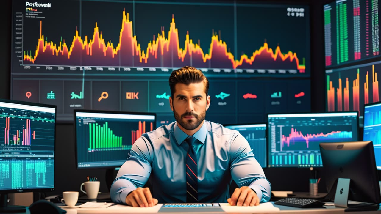  a vibrant stock market scene, featuring a focused beginner trader at a desk with multiple monitors displaying colorful graphs and stock tickers, surrounded by financial charts, coffee cup, and a motivational poster. hyperrealistic, full body, detailed clothing, highly detailed, cinematic lighting, stunningly beautiful, intricate, sharp focus, f/1. 8, 85mm, (centered image composition), (professionally color graded), ((bright soft diffused light)), volumetric fog, trending on instagram, trending on tumblr, HDR 4K, 8K