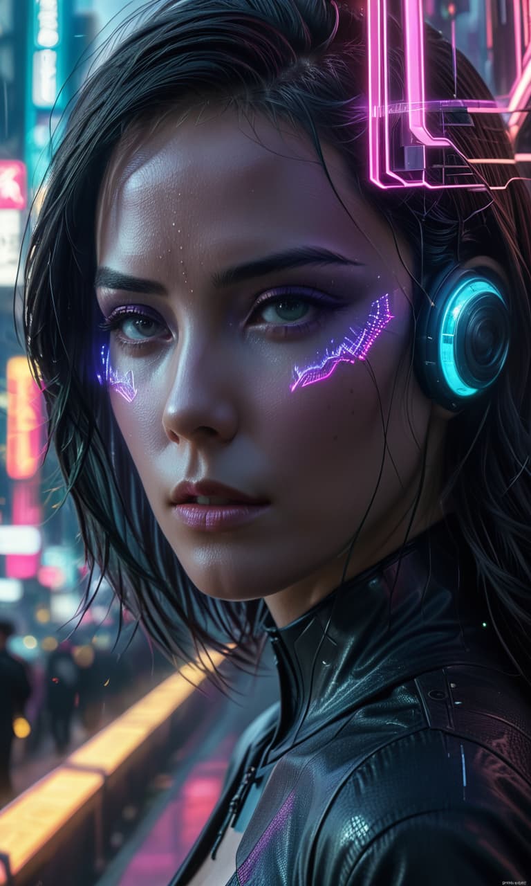  (masterpiece, digital art: 1.3), the most complex double exposure art inspired by yumei (close up of the human eye: 1.2), superimposed on a noisy city street, cyberpunk aesthetics, a trend in cgsociety, multi exposure technique, overlaying textures with glowing holographic elements, a bright color palette, bright city lights illuminating the scene, reminiscent of the pinterest color scheme from the movie the matrix, high definition rendering fabulous atmosphere, carefully thought out artworking visual detail, and spectacular narrative., civitai, glowneon