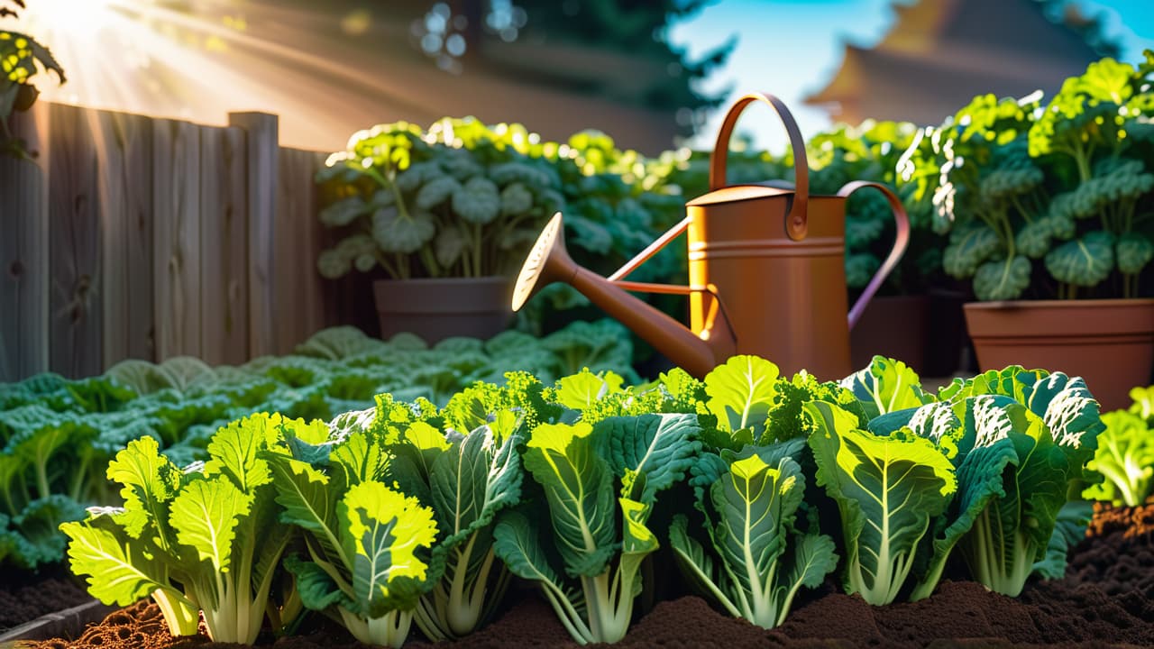  a sunlit garden bed with vibrant green leafy kale plants, surrounded by rich brown soil, a watering can nearby, and a serene blue sky overhead, showcasing the simplicity and beauty of low maintenance gardening. hyperrealistic, full body, detailed clothing, highly detailed, cinematic lighting, stunningly beautiful, intricate, sharp focus, f/1. 8, 85mm, (centered image composition), (professionally color graded), ((bright soft diffused light)), volumetric fog, trending on instagram, trending on tumblr, HDR 4K, 8K