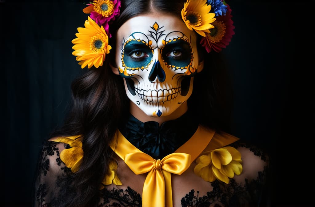  professional detailed photography, portrait of a woman with skull makeup with flowers and patterns on a dark background, in costume and makeup for halloween ar 3:2, (muted colors, dim colors, soothing tones), (vsco:0.3)