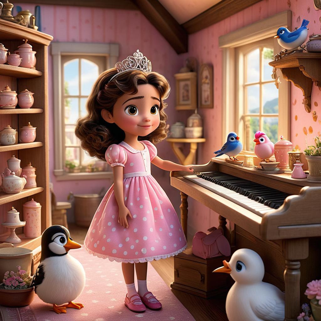  in 3d animated movie style. disney pixar style. hania, 7, curious and kind hearted, in a pink dress with white polka dots, and rosie, charming and resourceful, in a frilly pink dress with a tiny porcelain crown, interact in a whimsical dollhouse. high resolution pixar 3d animated film style with warm, inviting lighting, showcasing the magical atmosphere. bird's eye view composition captures the intricate details of the scene.