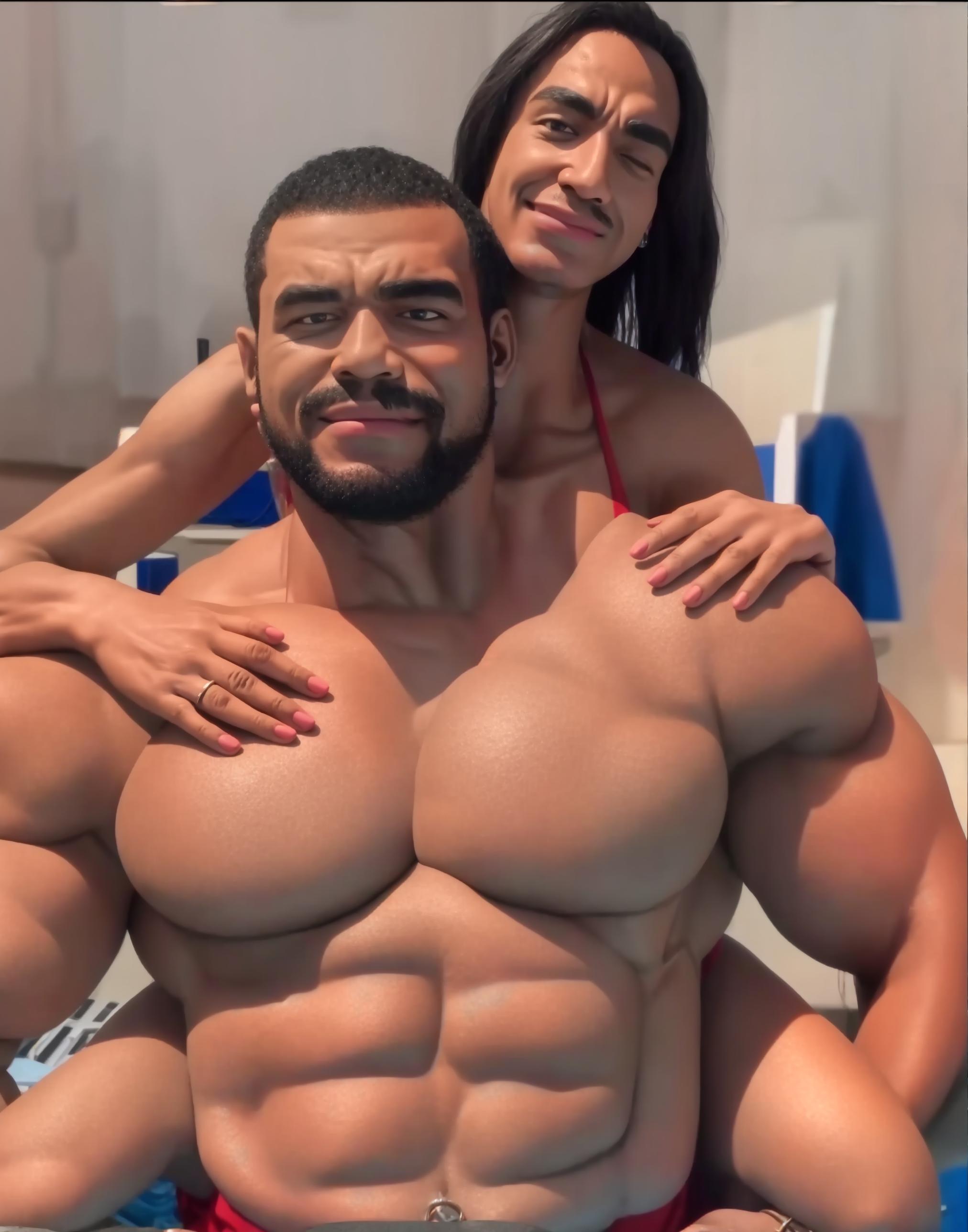  masterpiece, best quality, african bodybuilder with his wife