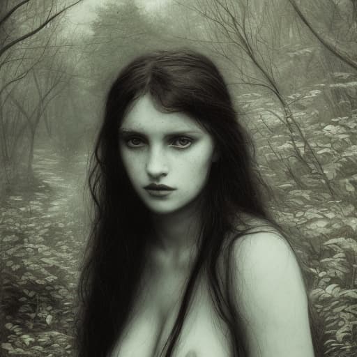 analog style Highly detailed moody dark Portrait of a breathtakingly lovely, wild Witchling nymph deep in the woods painted by John William Waterhouse andRembrandt. She has a beguiling face and is looking directly at the viewer. Her eyes are breathtakingly lovely, engaging and mysterious. She has long, wild, unkempt dark hair. Gorgeous, highly detailed , ornate composition using the golden ratio.