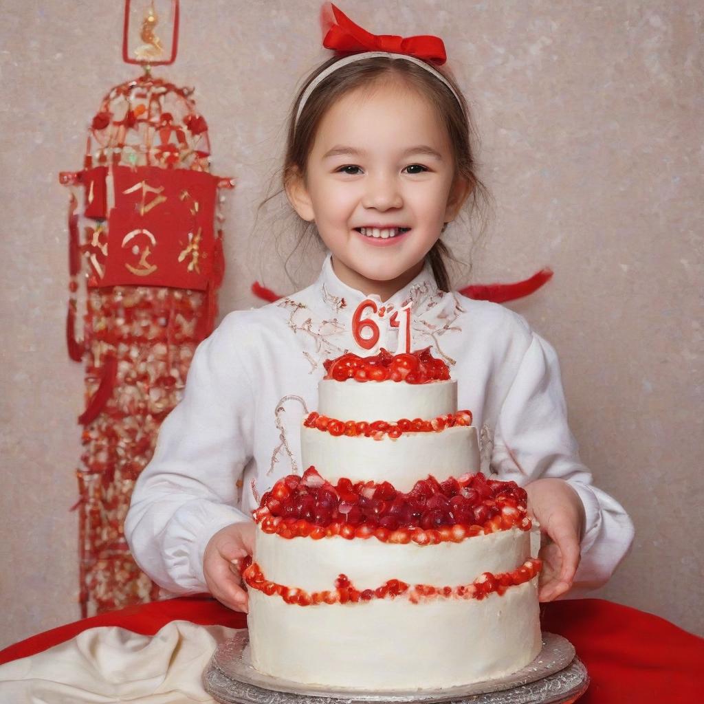  a beautiful girl of 6 10 years of kazakh appearance smiles and holds a huge beautiful cake in red and white colors