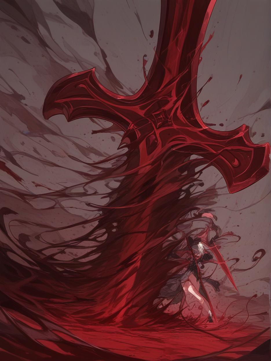  create for me an image of a giant blood sword, it is stuck in the ground with blood swirling around it. the red sand floor being pushed by the swirling force of blood and crystals in the background, with clear skies. . best quality, high resolution