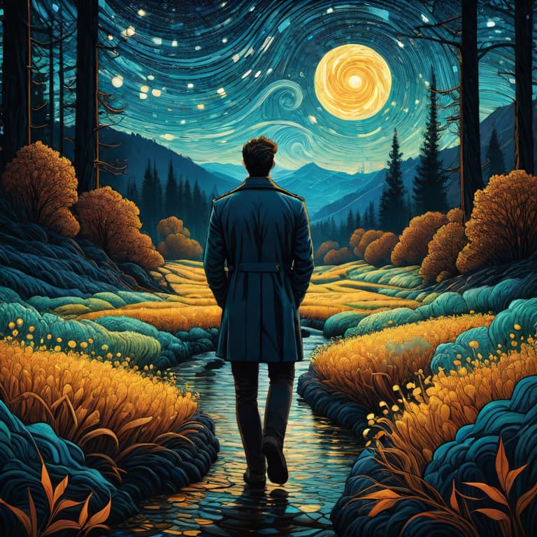  art by james r. eads, swirling and flowing lines define the vivid landscapes and sky, drawing inspiration from van gogh's starry night. each piece appears as a vision or a dream with psychedelic colors and a sense of movement that suggests a connection to the spiritual or metaphysical world. the style is heavily influenced by the natural world and uses bright and contrasting colors to add depth and emotion. by satori canton hyperrealistic, full body, detailed clothing, highly detailed, cinematic lighting, stunningly beautiful, intricate, sharp focus, f/1. 8, 85mm, (centered image composition), (professionally color graded), ((bright soft diffused light)), volumetric fog, trending on instagram, trending on tumblr, HDR 4K, 8K