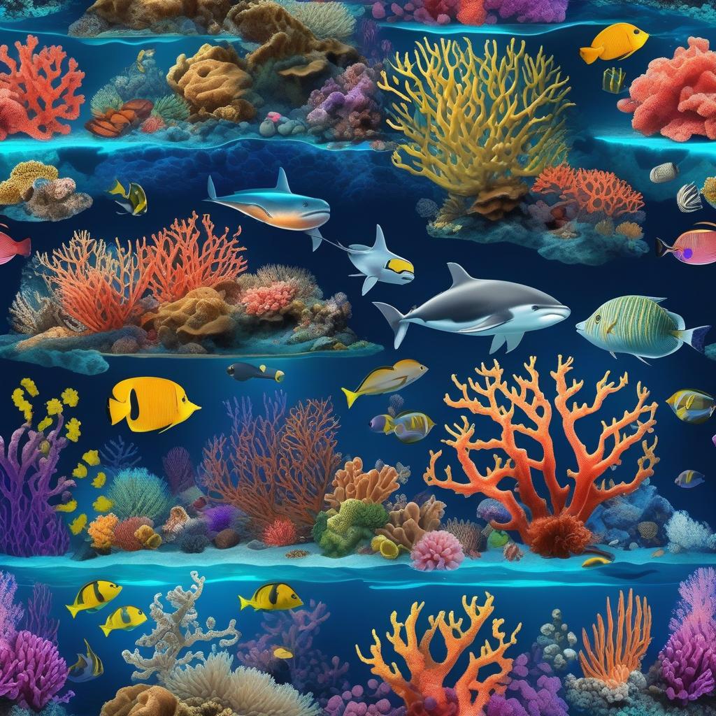  masterpiece, best quality, the beautiful deep sea is full of corals, diverse marine life and charming underwater landscapes, including corals, extremities, small fish, anemones, dolphins, various algae, caves, colorful, 8k resolution and complex details.