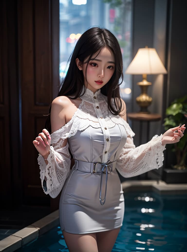   cute girl, white micro ,night pool, hyperrealistic, full body, detailed clothing, highly detailed, cinematic lighting, stunningly beautiful, intricate, sharp focus, f/1. 8, 85mm, (centered image composition), (professionally color graded), ((bright soft diffused light)), volumetric fog, trending on instagram, trending on tumblr, HDR 4K, 8K