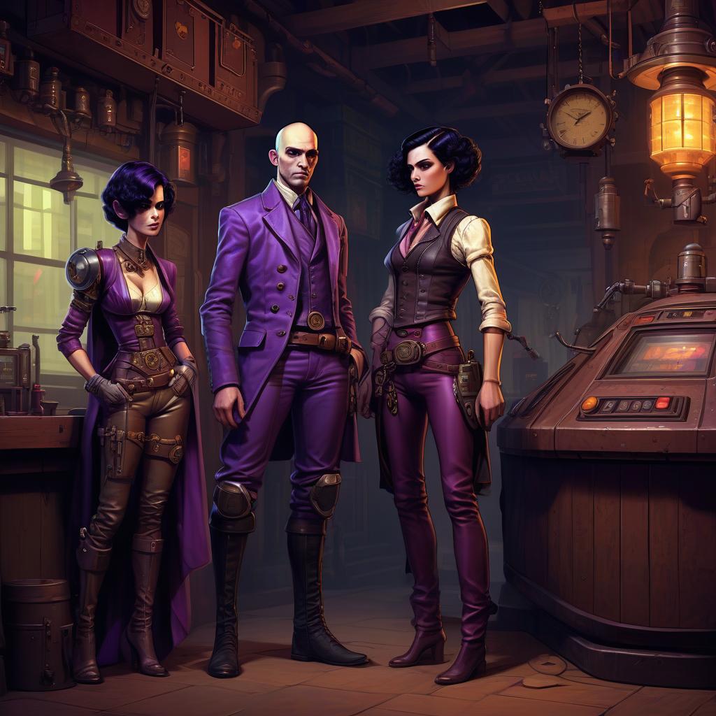  retro game art a group of smugglers, a young with purple skin, 20 year, medium sized s, elegant thin waist, long slender legs, black hair. a man with a , 40 year, small growth, bald, black. next to the droid and minotaur. full length image, steampunk, dieselpunk, paropunk, standing tavern. . 16 bit, vint colors, pixelated, nostalgic, charming, fun