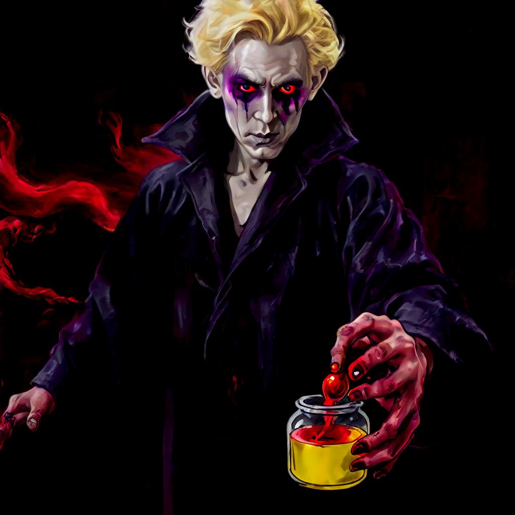  horror themed the guy's eyes are gray blue, hair is blond, stands in a gray robe of a magician, rainbow potions on his belt, a bunch of f 1 grenades is thrown over his shoulder, in his hands he holds a potion of purple color inside which an eyeball floats and looks at the screen. there's an alchemical stand in the background, and there's a cauldron of red smoke coming out. his face is oval, his eye in the potion is yellow with a vertical pupil, his facial expression is pensive and his eyes look at the potion. . eerie, unsettling, dark, spooky, suspenseful, grim, highly detailed, hkmagic