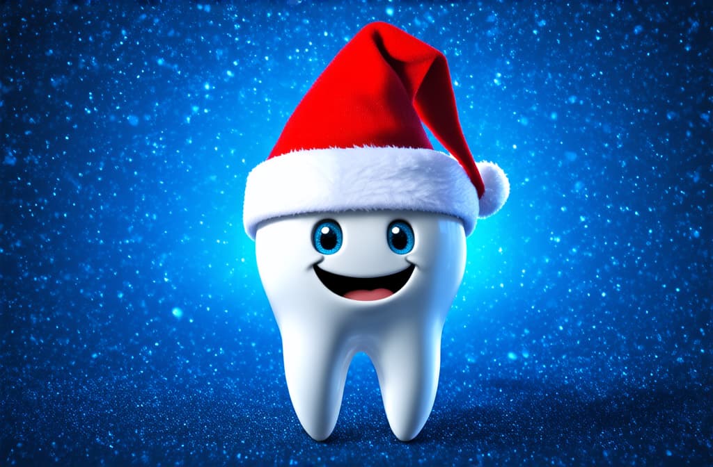  epic realistic, hyperdetailed, (cycles render:1.3), caustics, (glossy:0.58), (artstation:0.82),white smiling tooth in santa's hat against blue background with many white small snowflakes ar 3:2