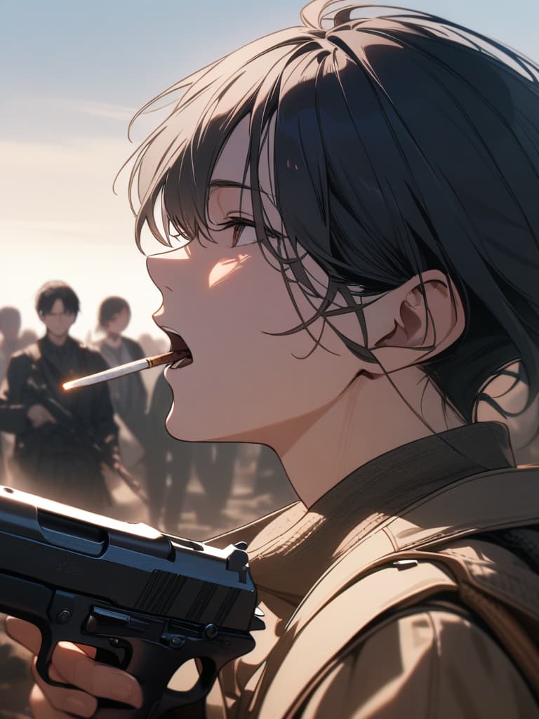  has a gun, a man, a throat, a throat, a cigarette, a cool, a battlefield, a smart, black hair, short hair, man, man, gun, masterpiece, best quality,8k,ultra detailed,high resolution,an extremely delicate and beautiful,hyper detail