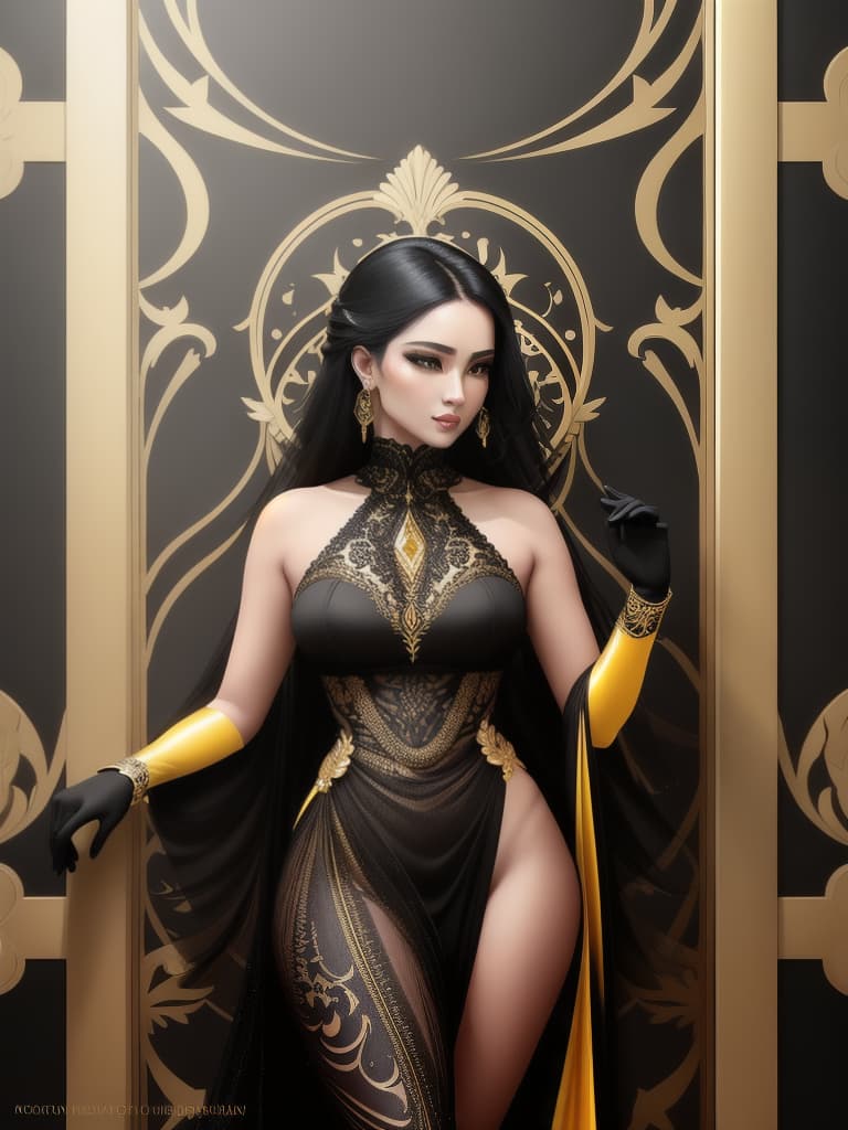  Golden yellow and sleek black color palette, captivating and inviting expression, exuding elegance and charm, magnetic beauty, intricate details, high contrast, luxurious feel, digital art, female, glossy finish, striking composition, dynamic lighting to enhance features.